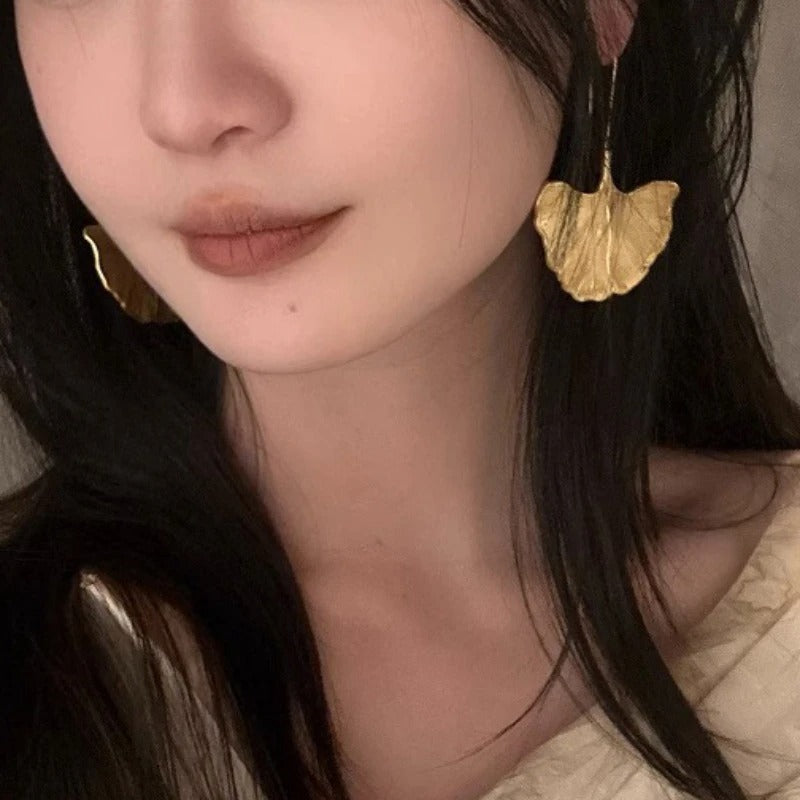 Exaggerated Leaf Dangle Earrings Gold Color Metal Women Jewelry