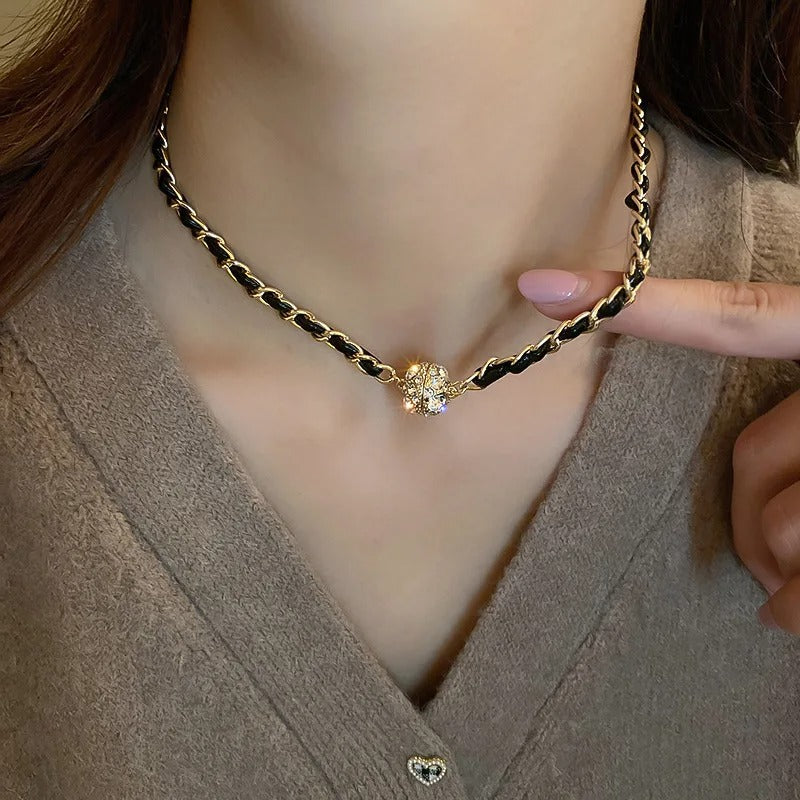 Vintage Style Leather Winding Chain Inlaid Rhinestone Magnetic Suction Necklace Design Sense Clavicle Chain New Necklace