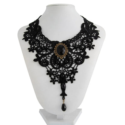 Vintage Gothic Black Lace Beaded Statement Necklace for Women