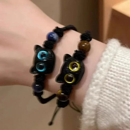 2PCS Black Cat Beaded Bracelets Women Men Handmade Jewelry