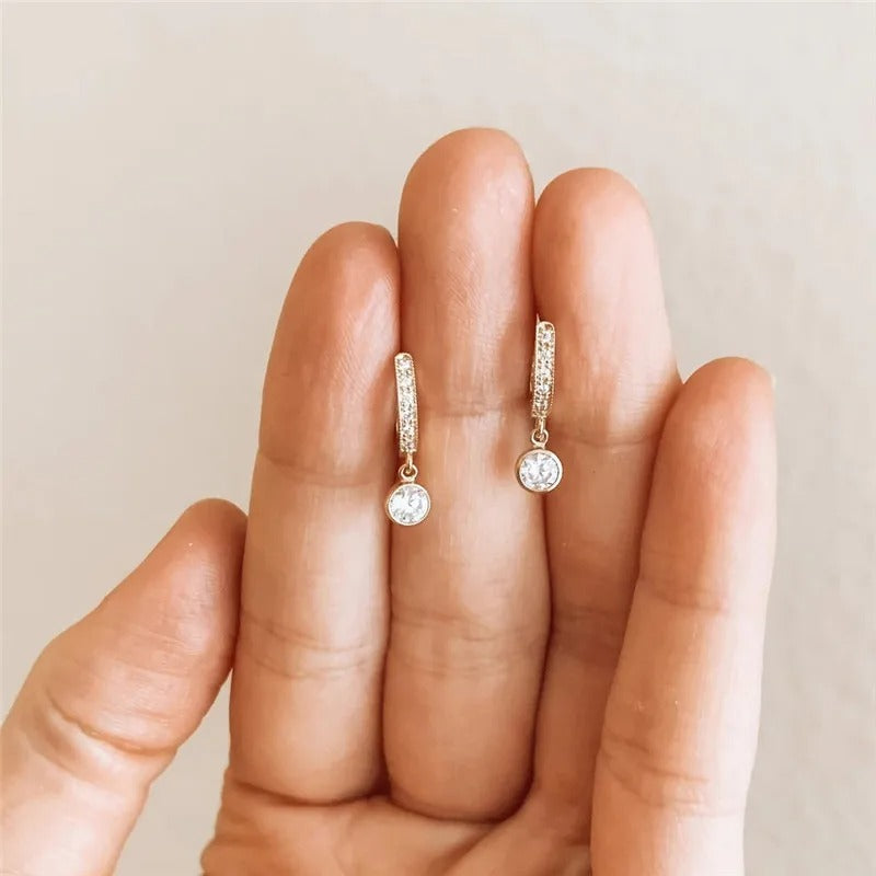 Simple Gold Drop Earrings Women Round CZ Charm Jewelry