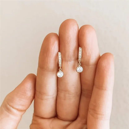 Simple Gold Drop Earrings Women Round CZ Charm Jewelry