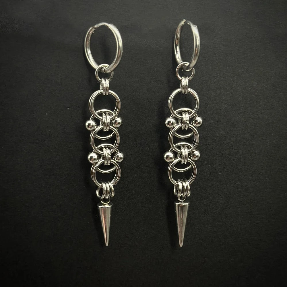 Handmade Stainless Steel Spike Hoop Earrings for Women Grunge Chain Dangle Earrings