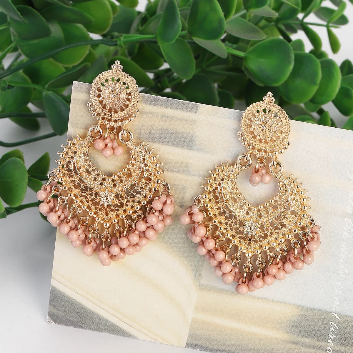 Gold Heart Flower Dangle Earrings with Pink Beads Women