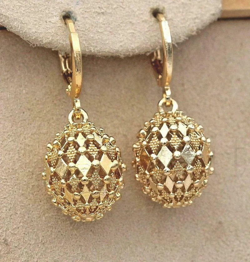 Classic Gold Drop Earrings Engraved Metal Hollow Sphere Design