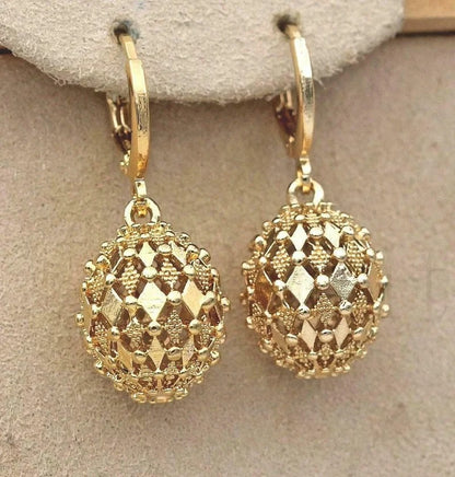 Classic Gold Drop Earrings Engraved Metal Hollow Sphere Design