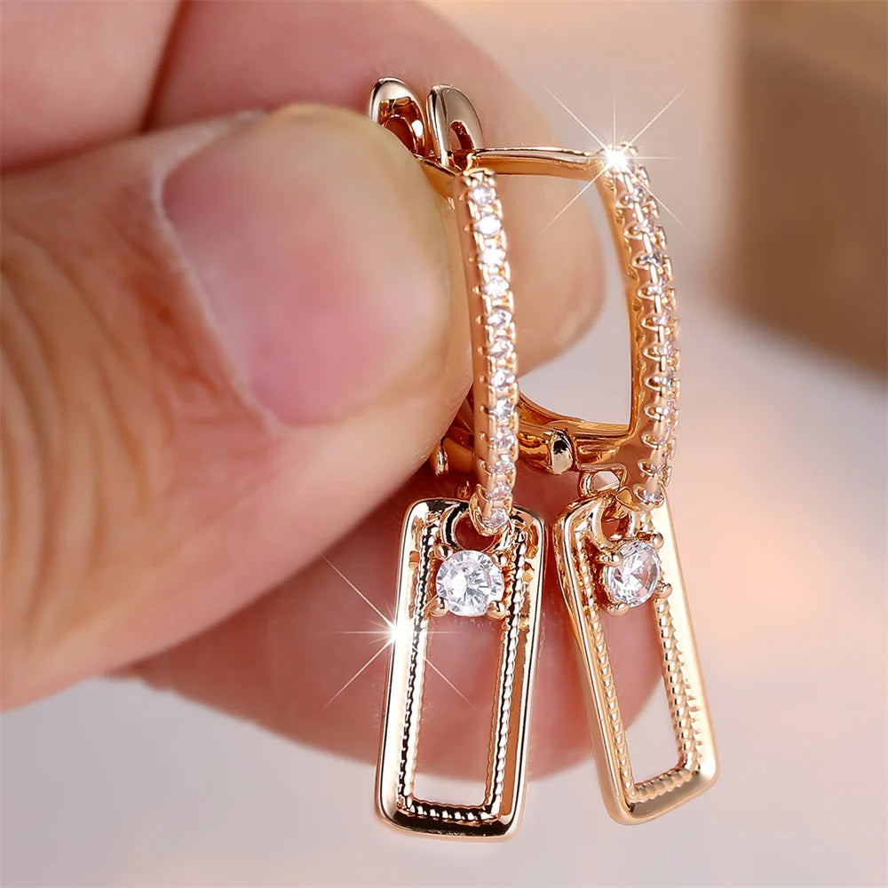 White Zircon Round Stone Rectangle Pendant Hoop Earrings For Women Vintage Gold Color Ear Buckle Wedding Jewelry Birthday Gifts