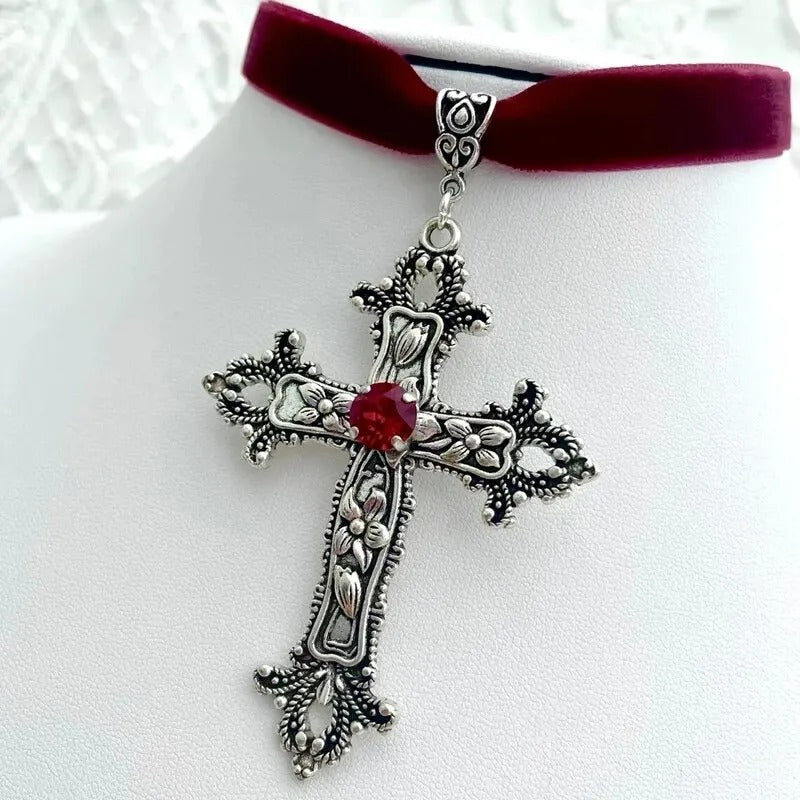 Gothic Cross Shaped Black Velvet Necklace Elegant Women