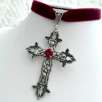 Gothic Cross Shaped Black Velvet Necklace Elegant Women
