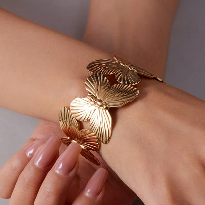 Gold Plated Butterfly & Flower Cuff Bracelet Adjustable Stainless Steel