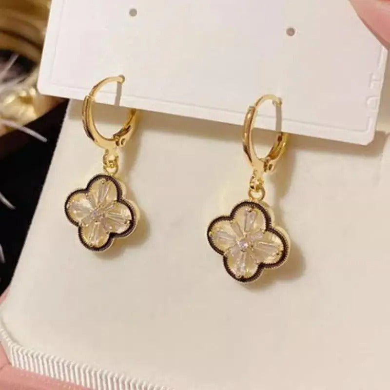 Cute Elegant Gold Plated Zircon Four Leaf Clover Hoop Earrings for Women and Girls