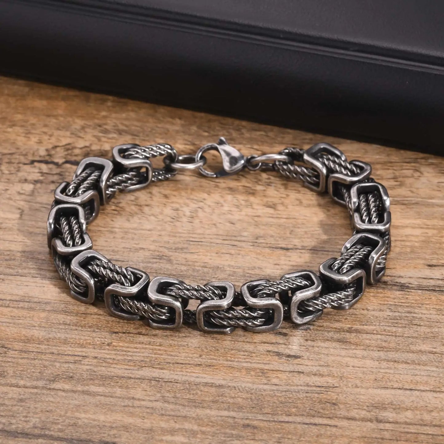 Men’s Chunky Byzantine Bracelet 8mm Grey Stainless Steel Wristband