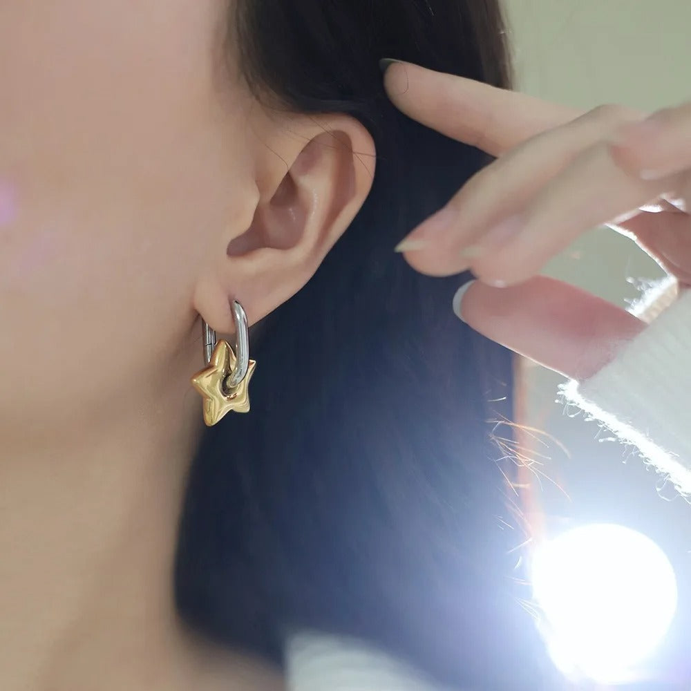 Lucky Star French contrasting stainless steel oval shaped five pointed star earrings, long-lasting color