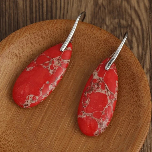 Delicate Silver Oval Jasper Dangle Earrings Women Jewelry