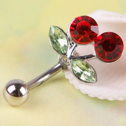 Pretty Rhinestone Red Cherry Navel Belly Button Barbell Ring Body Piercing