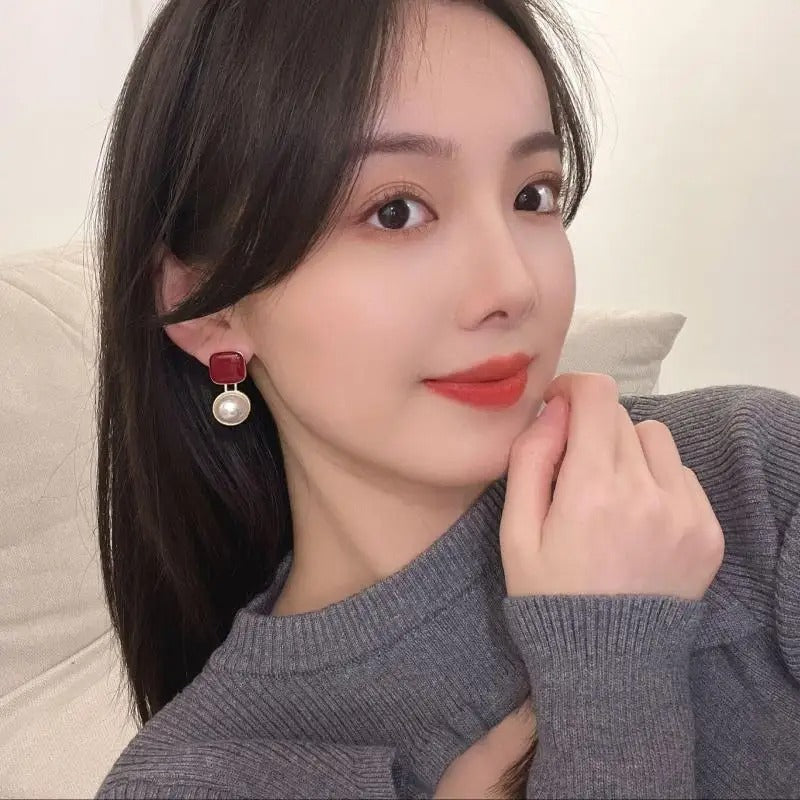 Vintage Square Earrings 925 Silver Red Blue Korean Fashion Jewelry