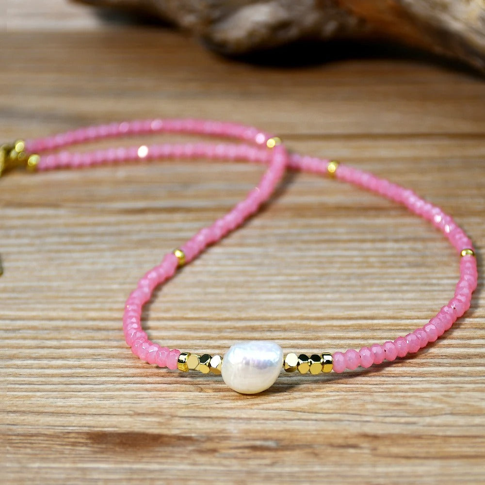 Boho Pink Crystal Beaded Freshwater Pearl Necklace for Women