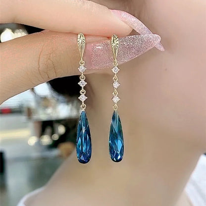 Blue Crystal Water Drop Dangle Earrings for Women Party Wedding Jewelry