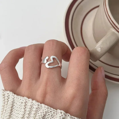 Cute Hollow Heart Ring Women Sterling Silver Minimalist Gift