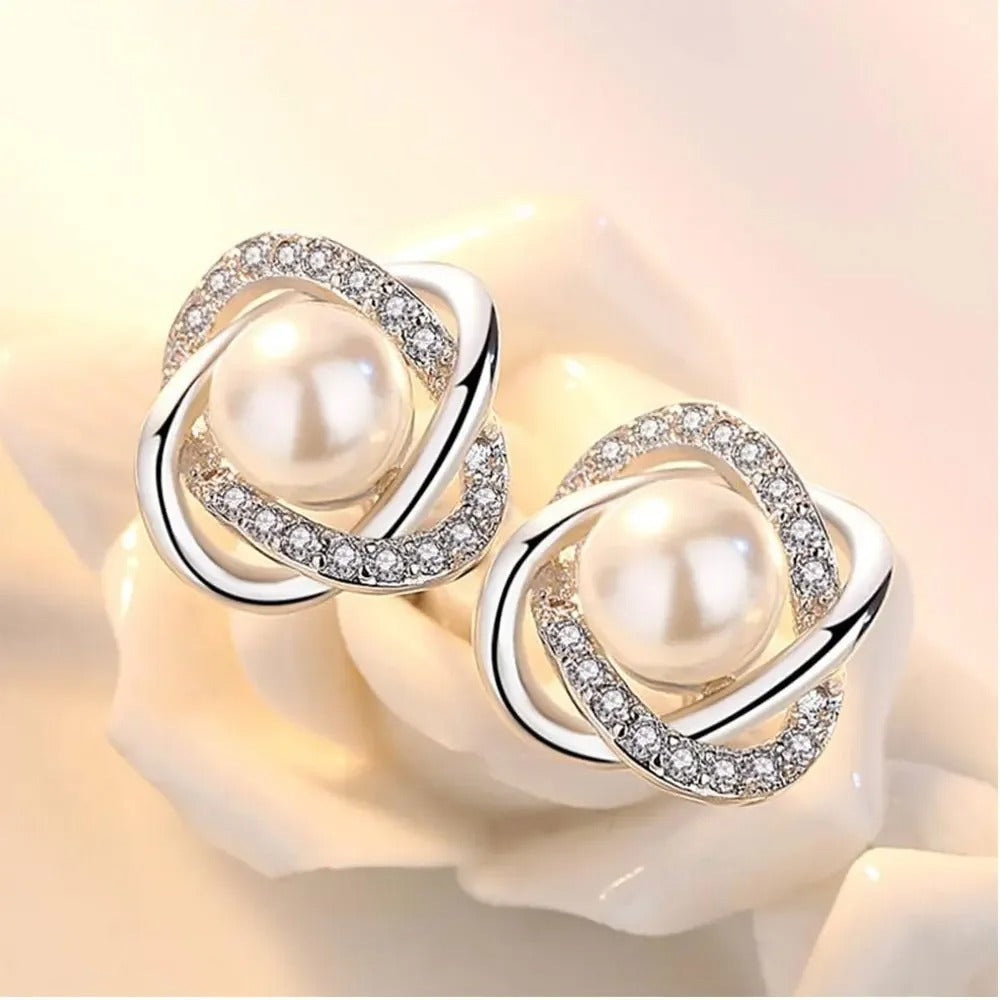 925 Sterling Silver Zircon Pearl Twist Stud Earrings for Women Luxury Elegant Fine Jewelry