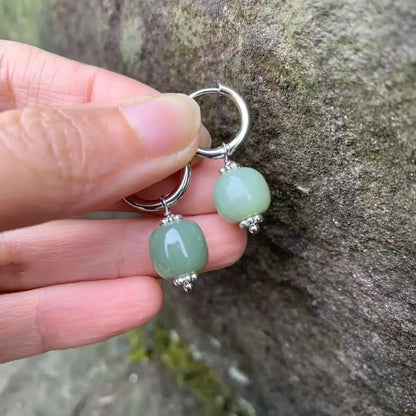Natural Green Jade Hoop Earrings Jasper Stainless Steel Women’s Jewelry