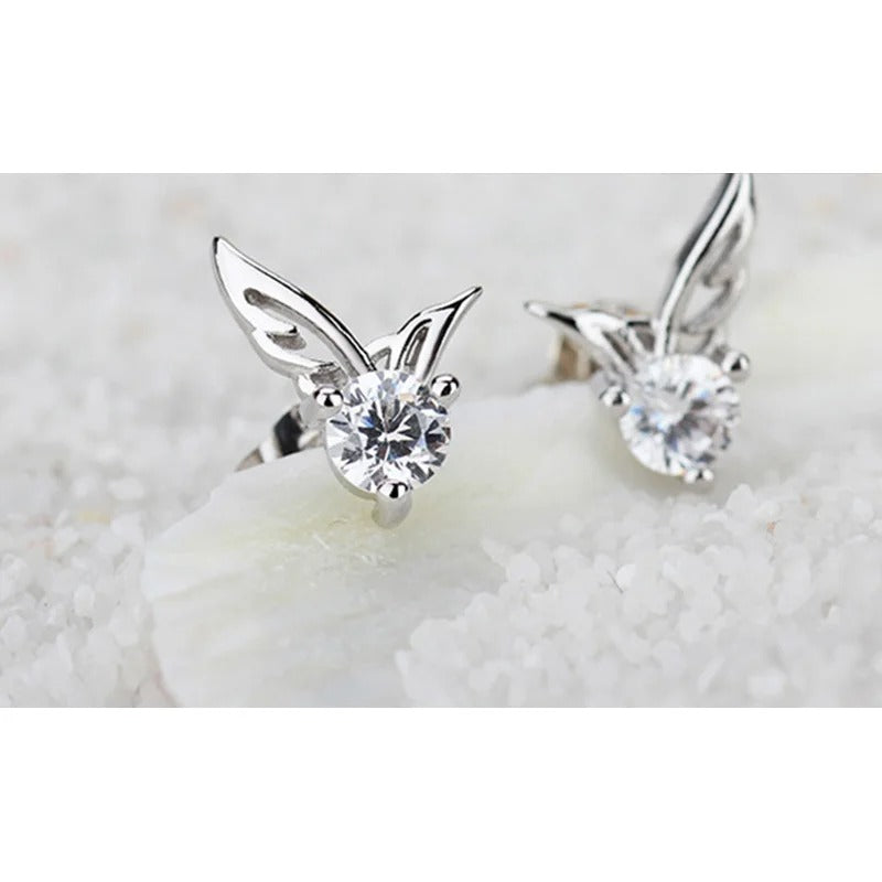 New 925 Sterling Silver Angel Wings Zircon Stud Earrings