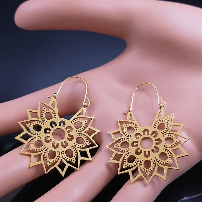 Women Gold Lotus Flower Hoop Earrings Yoga Stainless Steel Jewelry