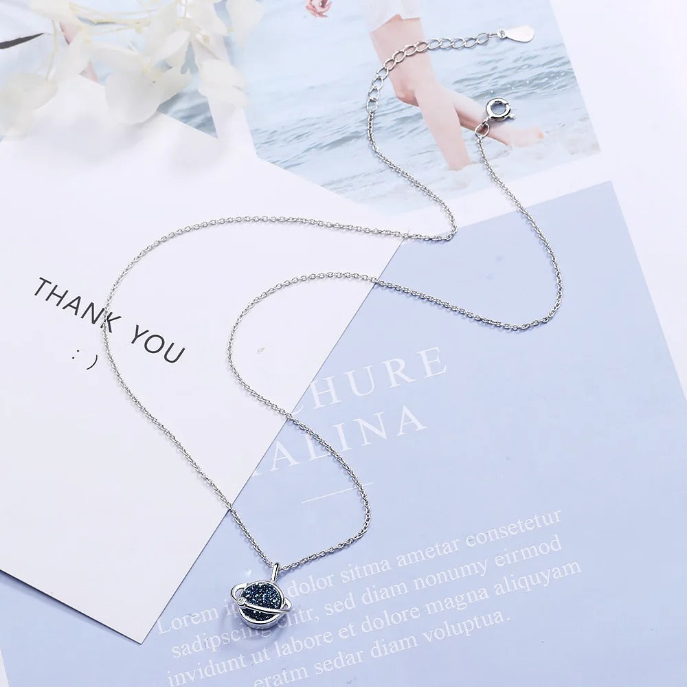 925 Sterling Silver Planet Blue Crystal Pendant Necklaces For Women Elegant Luxury Jewelry Accessories
