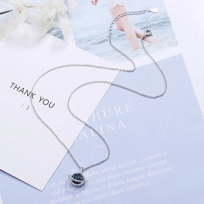 925 Sterling Silver Planet Blue Crystal Pendant Necklaces For Women Elegant Luxury Jewelry Accessories