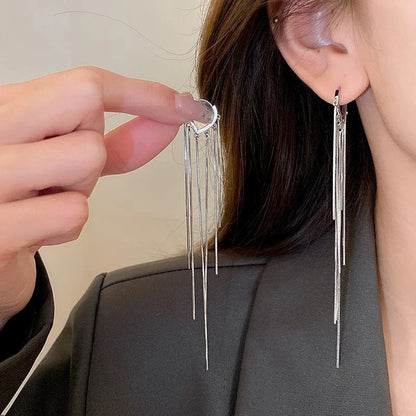 Korean Style 925 Silver Drop Earrings Women Metal Tassel Jewelry