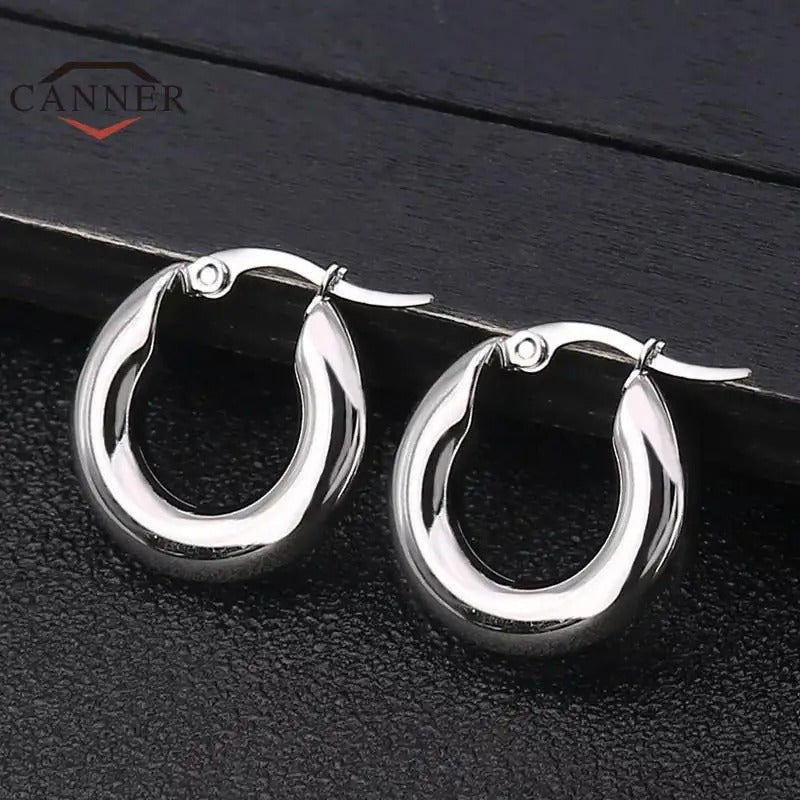 Women's Round Hoop Earrings Stainless Steel Smooth Thick Piercing Gift