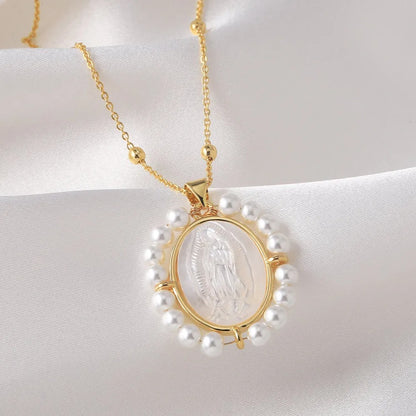 White Pearl Virgin Mary Necklaces for Women Copper Gold Plated Beads Chain Guadalupe Necklaces Amulet Jewelry