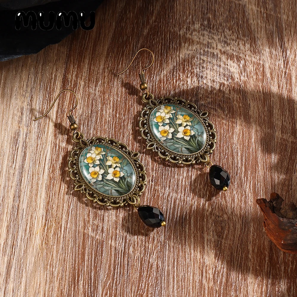 Daffodil Flower Retro Lace Earrings Handmade Glass Dome Jewelry