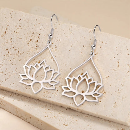 Hollow Lotus Drop Earrings Women Stainless Steel Yoga Jewelry