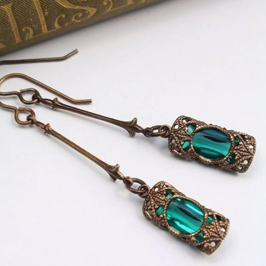 Vintage Green & Blue Zircon Dangle Earrings Antique Bronze Jewelry
