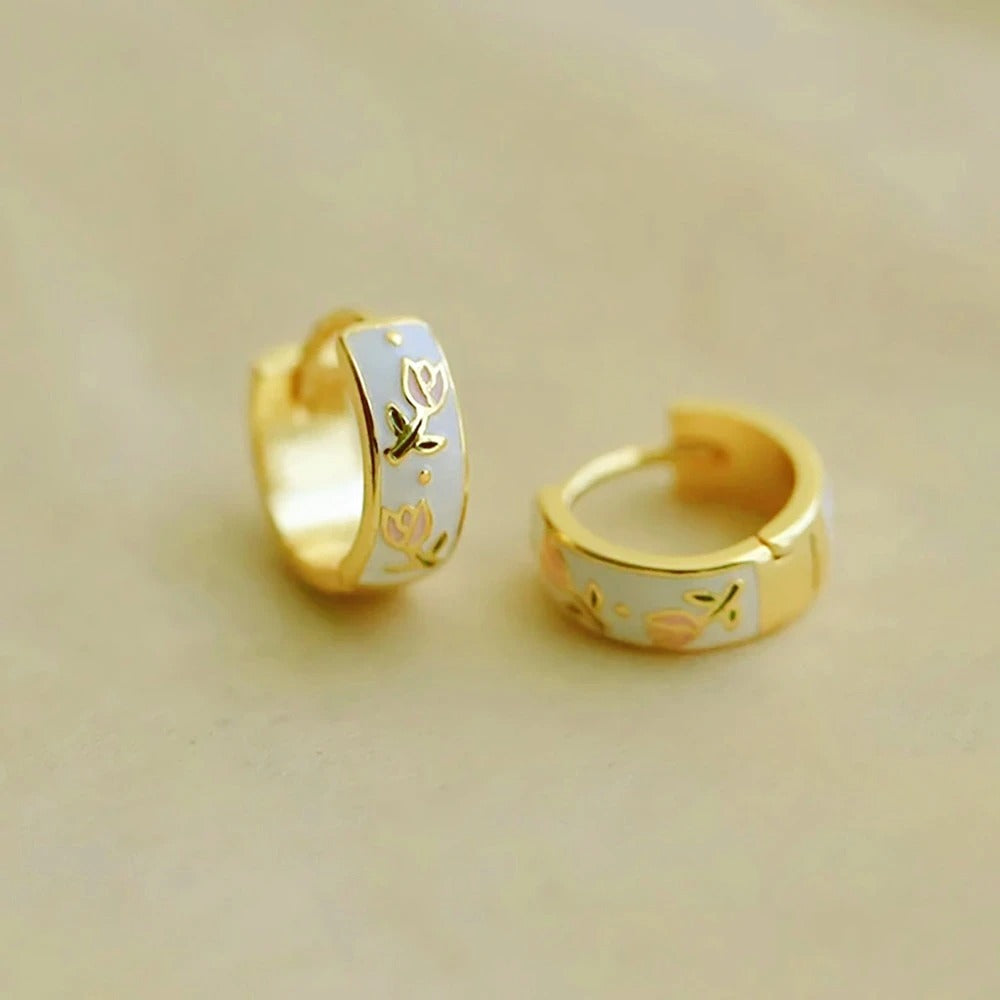 White Pink Enamel Tulip Floral Tea Cup Hoops Earrings for Women Spring Summer 14K Gold Plated Jewelry Fashion Accessories