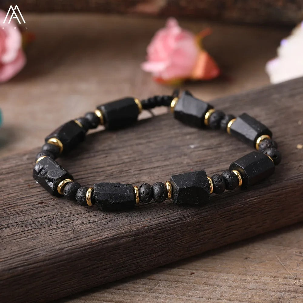 Natural Black Tourmaline Nugget Bead Bracelet Adjustable Women
