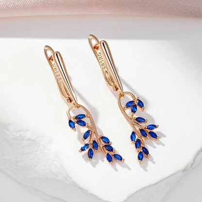 Blue Natural Zircon Leaf Shape Dangle Earrings For Women 585 Rose Gold Color Long Earrings Party Gift