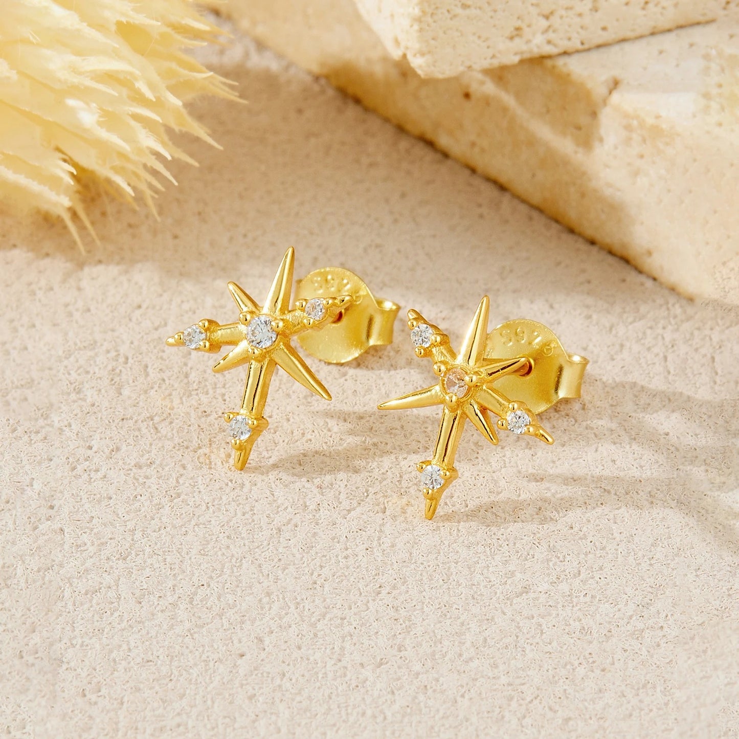 925 Sterling Silver Asymmetrical Star Zircon Stud Earrings for Women