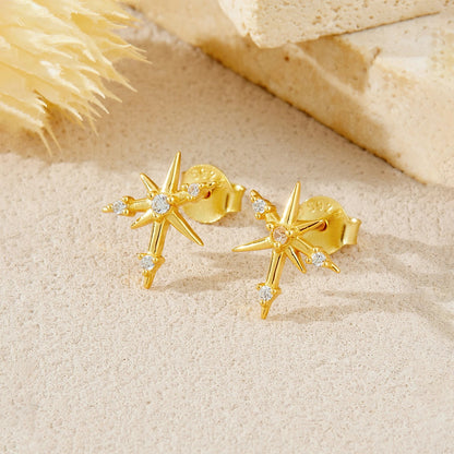 925 Sterling Silver Asymmetrical Star Zircon Stud Earrings for Women