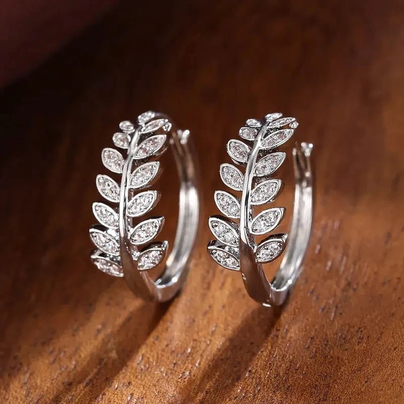 Leaf Olive Small Hoop Earrings Women Shiny Crystal CZ Jewelry