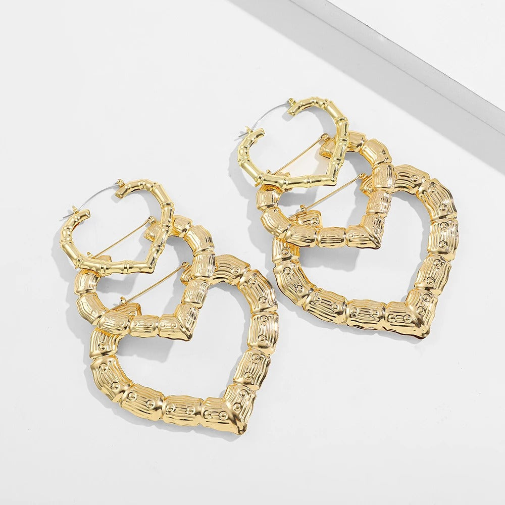 3 Pairs Oversized Heart Hoop Earrings Gold Punk Statement Jewelry