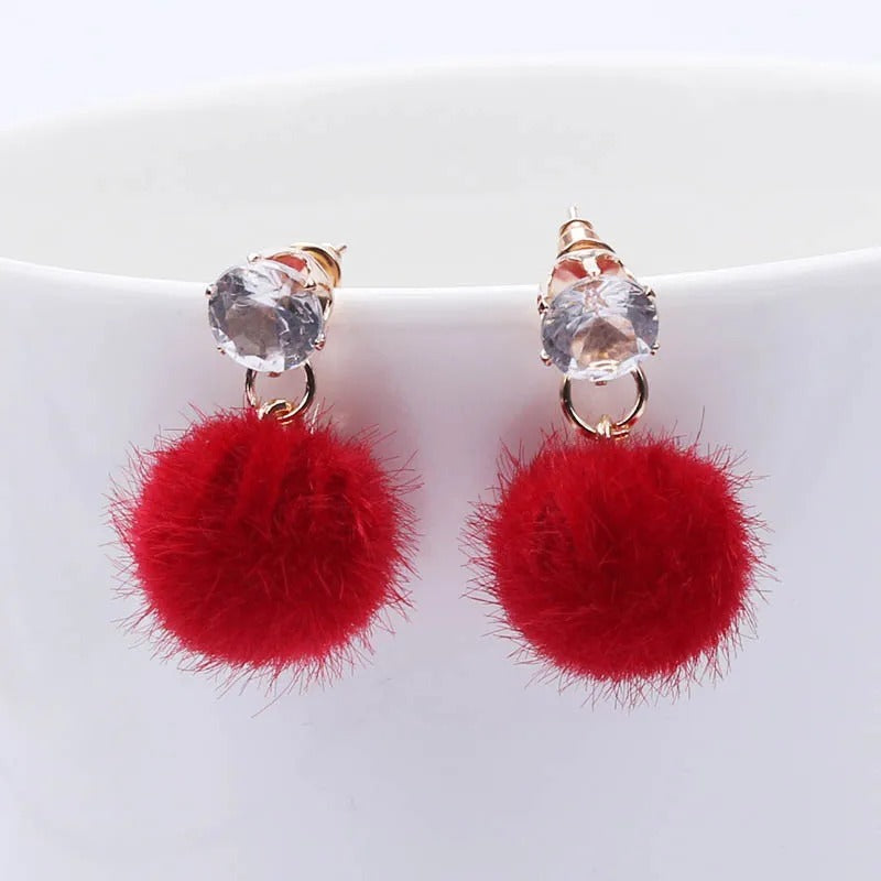New Artificial Hair Dangle Earrings for Women Crystal Top Short Small Fluffy Ball Earrings Boho Fashion Jewelry