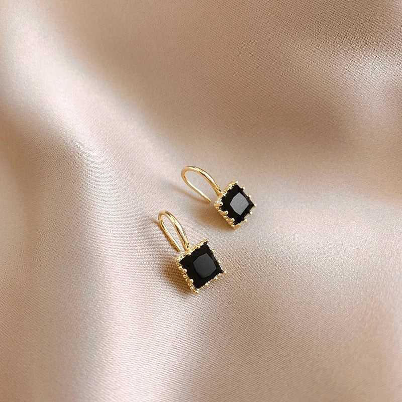 Square Crystal Stone Earrings Women Gold Plated Clear & Black Jewelry