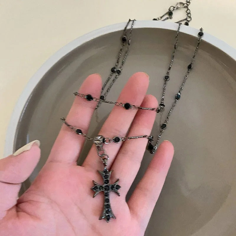 Summer Black Rhinestone Cross Jesus Pendant Choker Necklace for Women Punk Vintage Double Layers Chain