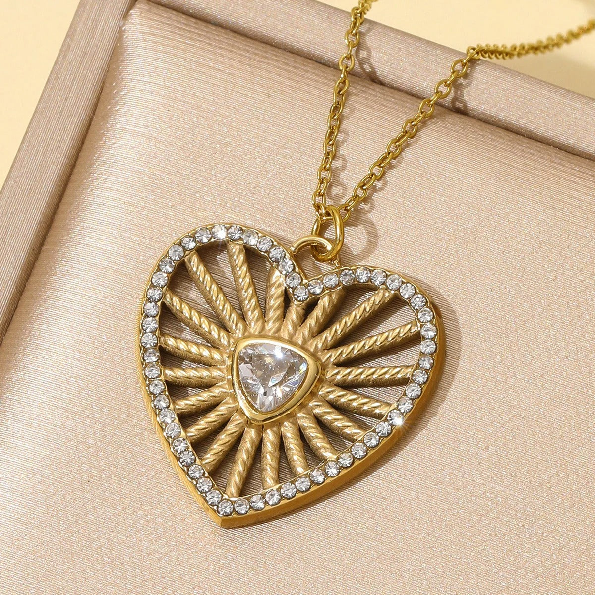 Stainless Steel Zircon Hollow Heart Charm Necklace Waterproof 14K Gold Plated Love Pendant Choker Jewelry Women Party Daily Wear