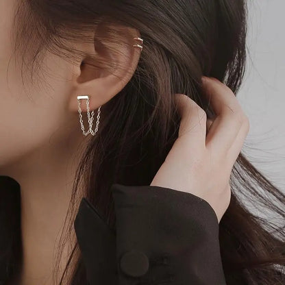 Minimalist Double Chain Tassel Earrings Sterling Silver Jewelry