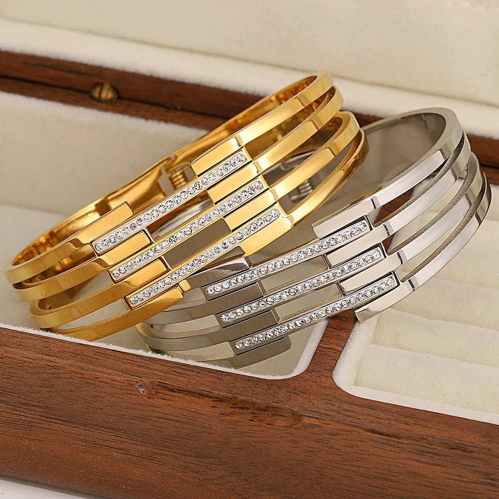 Wide Metal Bangles Bracelets for Women Inlaid Rhinestones Waterproof