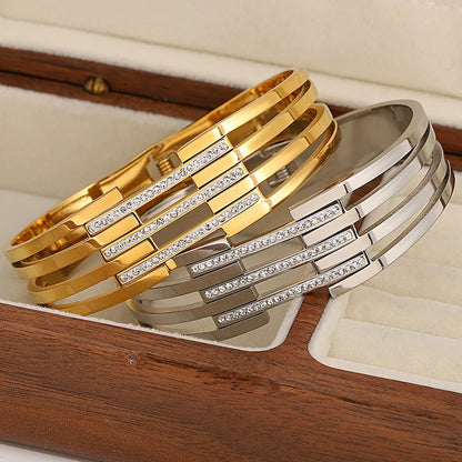 Wide Metal Bangles Bracelets for Women Inlaid Rhinestones Waterproof
