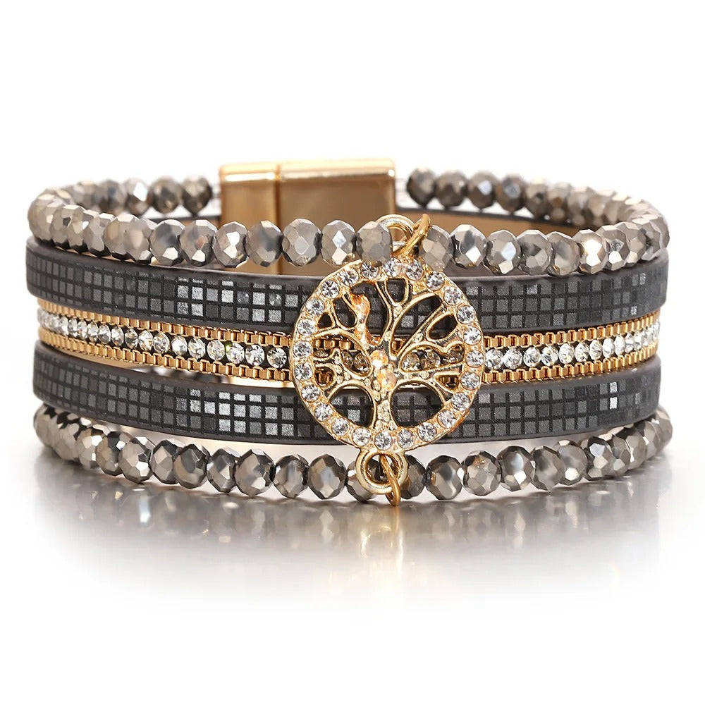 Vintage Tree of Life Leather Bracelet for Women Multilayer Crystal Beads Chain Wrap Bracelets & Bangles Party Jewelry